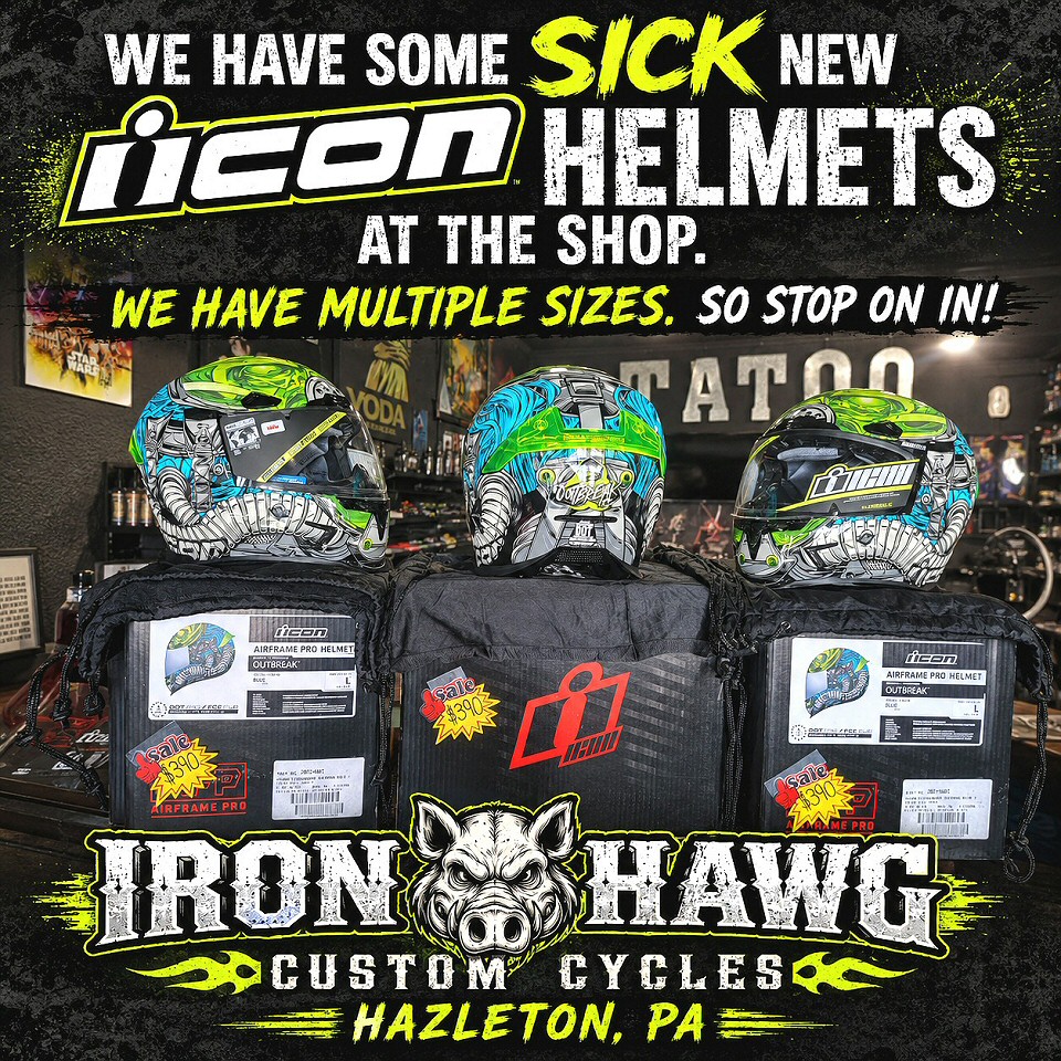 Motorcycle Helmets - We have some sick new Icon Helmets at the shop. We have multiple sizes. So stop on in!